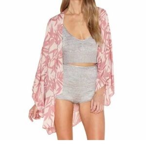 Amuse Society Kimono Open Front Pink Leaf Print Swim Cover Up XS/S